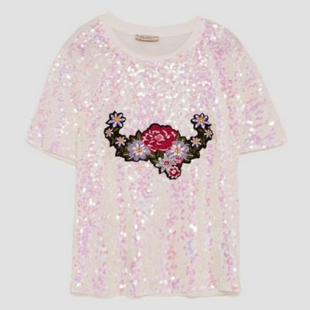 ZARA White/Iridescent Sequin Embroidered Top NWT